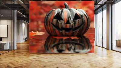 Halloween pumpkin reflecting on wet surface with autumn leaves Wall mural