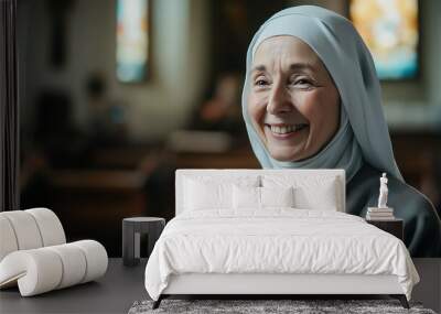 Happy senior nun smiling in church looking peaceful and serene Wall mural