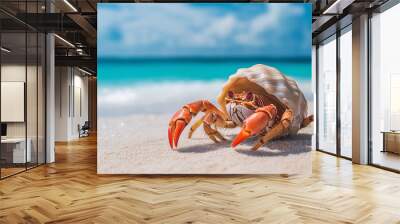 Hermit crab walking on a white sand beach on a sunny day Wall mural