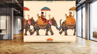 Indian mughal miniature painting style procession of three maharajas riding elephants Wall mural