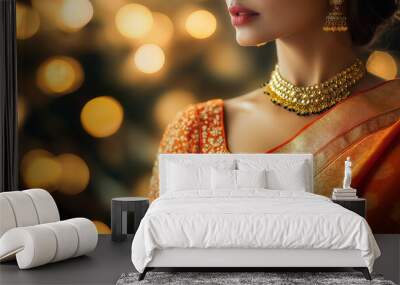 Indian woman wearing orange sari and gold jewelry posing in diwali celebration Wall mural