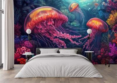 Jellyfish swimming through colorful coral reef Wall mural