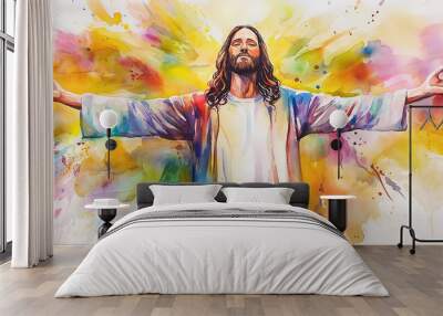 Jesus christ spreading his arms in a colorful watercolor painting Wall mural