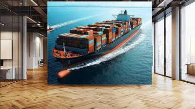 Large container ship delivering cargo at sea on a sunny day Wall mural