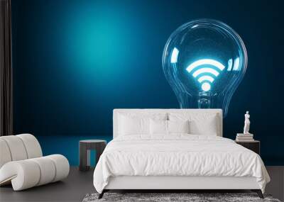 Light bulb with wifi symbol is glowing on blue background Wall mural