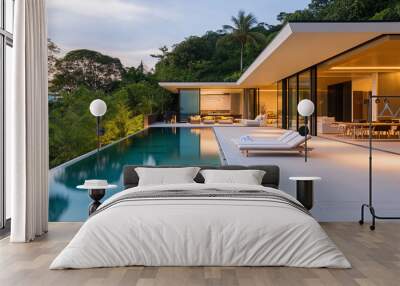 Luxurious infinity pool overlooking tropical forest at sunset Wall mural