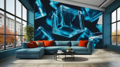 Many translucid cubes floating in the air with blue lighting Wall mural