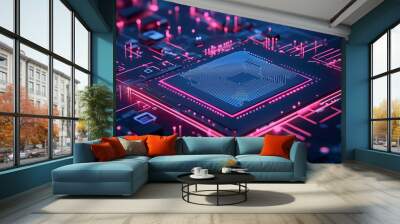 Modern cpu processing data with blue and pink lights Wall mural