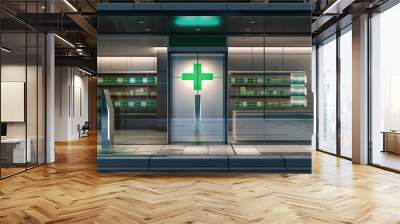 Modern pharmacy storefront with green cross sign illuminating the city street at night Wall mural