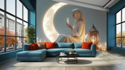 Muslim woman praying with candles and crescent moon: Wall mural