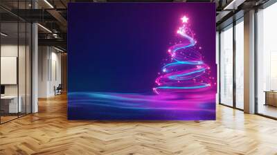 Neon christmas tree shining on dark background Wall mural