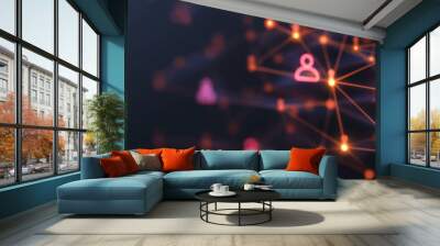 Network connecting user icons with lines and nodes glowing in the dark Wall mural