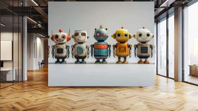 Row of seven cute old retro robots standing on a seamless background Wall mural