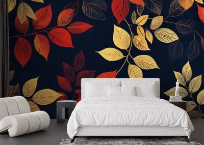 Seamless autumn leaves pattern featuring red and gold foliage on dark background Wall mural