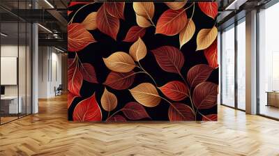 Seamless floral pattern with golden and red leaves on black background Wall mural