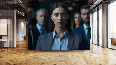 Serious business team with female leader standing in office Wall mural