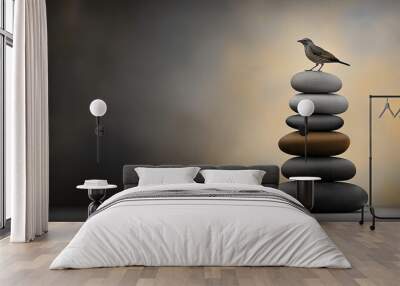 Small bird standing on a pile of smooth stones Wall mural