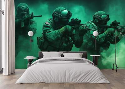 Three soldiers are advancing carefully through dense smoke on the battlefield at night Wall mural