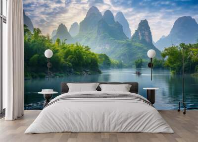 Tourists relaxing on tourist boats are passing by karst mountains on the li river, xingping, china Wall mural