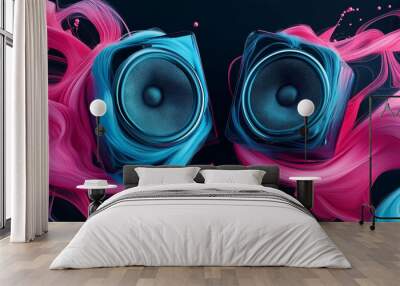 Two audio speakers floating in colorful abstract smoke trails on a black background Wall mural