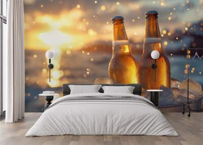 Two bottles of beer chilling in bucket on beach at sunset Wall mural