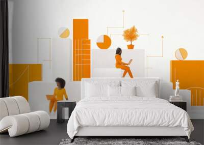 Two businesswomen are working in an abstract geometric white and orange office Wall mural