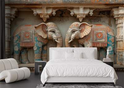 Two colorful elephant statues guarding ancient indian temple Wall mural