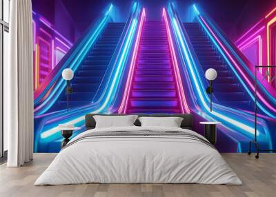 Two empty escalators going up illuminated by neon lights Wall mural