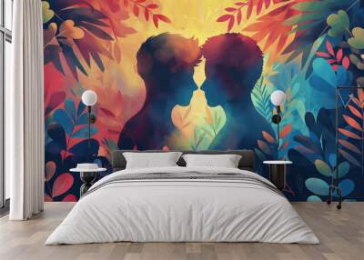 Two men looking at each other surrounded by colorful foliage Wall mural