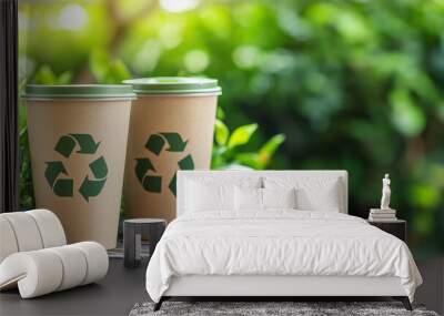 Two paper cups showing recycling sign promoting environmental awareness Wall mural