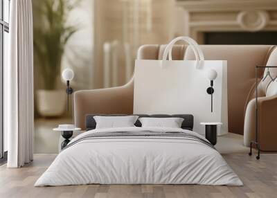 White shopping bag standing on elegant armchair in luxury apartment Wall mural