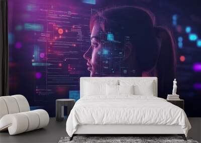 Woman programmer analyzing data code projected over face in futuristic server room Wall mural