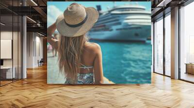 Young woman wearing summer hat looking at cruise ship docked in port Wall mural