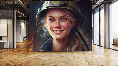 A young blonde female firefighter working. Smiling attractive girl in helmet with flames in the background. Generative AI illustration. Wall mural