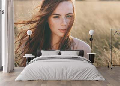 Beautiful woman natural face freckles casual female  portrait lifestyle beauty girl  Wall mural