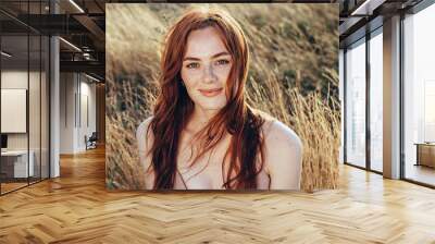 Beautiful woman natural face freckles casual female  portrait lifestyle beauty girl  Wall mural