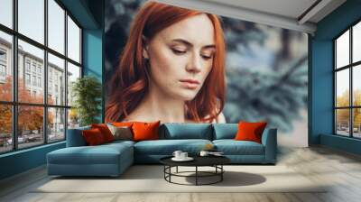 Beautiful woman natural face freckles casual female portrait lifestyle beauty girl Wall mural