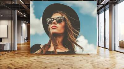 gorgeous young beautiful woman in hat and sun glasses outdoors Wall mural