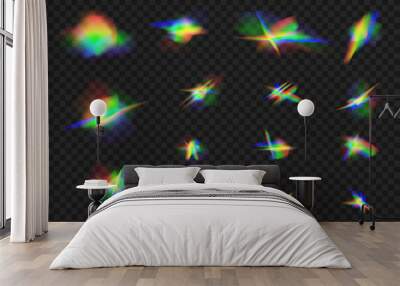 Crystal and jewelry, prism, glare. Rainbow glowing sparkles vector set.Realistic diamond reflection, rainbow light optical effect Colorful collection, bright spectrum glow rays. Wall mural