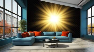 Set glow light effect with white sparks and golden stars shine with special light.White glowing light. Star Light from the rays. The sun is backlit. Bright beautiful star. Sunlight. EPS10. Wall mural