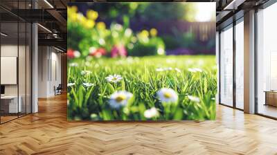 blurred background of lawn in backyard with green grass and flowers in spring garden Wall mural