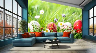 easter eggs in grass and flowers background Wall mural