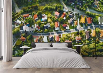 Family colorful houses in neighborhood with green trees, Aerial View Wall mural