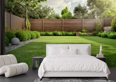 green grass lawn, plants and wooden fence in modern backyard patio Wall mural