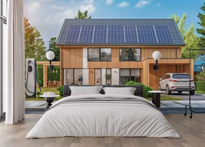 modern house building in suburb area with solar panels and electric car charging in yard Wall mural