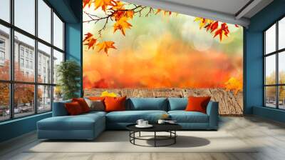 orange fall  leaves and old wooden board, autumn natural background Wall mural