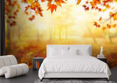 orange fall  leaves in park, sunny autumn natural background Wall mural