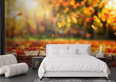 orange fall leaves on wooden floor, autumn natural background with maple trees Wall mural