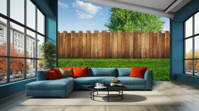 spring tree in backyard and wooden garden fence Wall mural