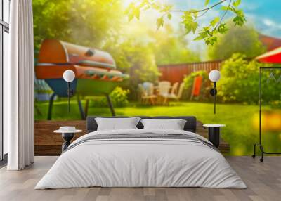 summer time in backyard garden with grill BBQ, wooden table, blurred background Wall mural